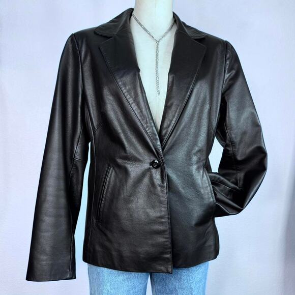 Vintage Y2K Leather Blazer Jacket V-Neck Black One Button Medium - Picture 3 of 8